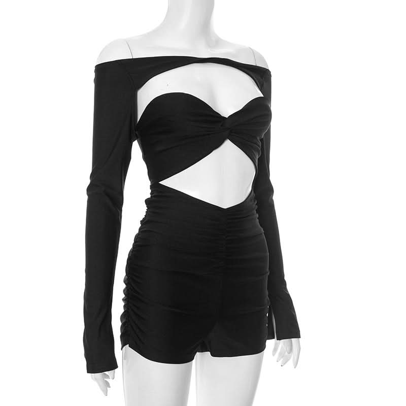 Sultry Black Off-Shoulder Cutout Romper - Ruched Bodycon Long Sleeve for Fall Nights & Party Season