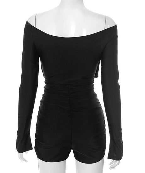 Sultry Black Off-Shoulder Cutout Romper - Ruched Bodycon Long Sleeve for Fall Nights & Party Season