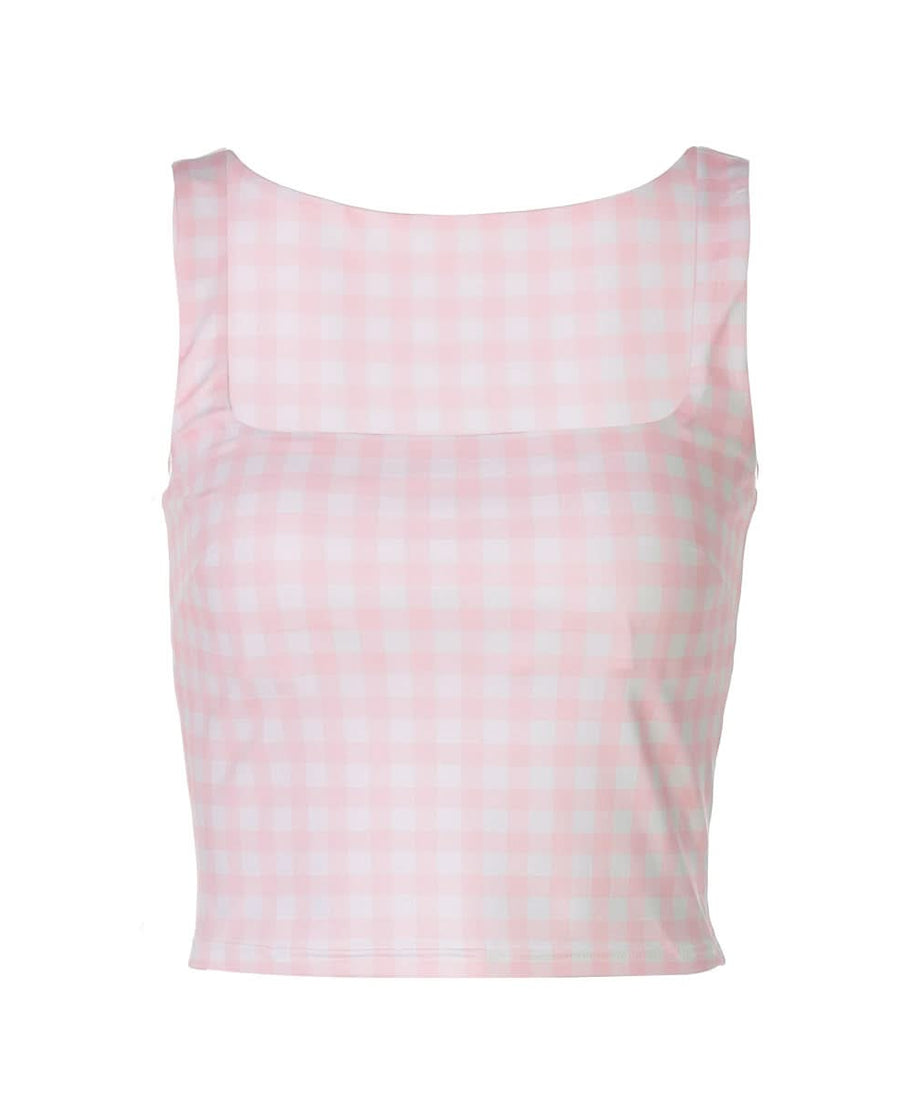 Effortless Chic: Pink Gingham Square Neck Crop Tank Top – Perfect for Fall Layers & Sunny Days!