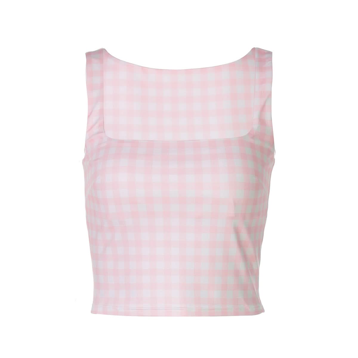 Effortless Chic: Pink Gingham Square Neck Crop Tank Top – Perfect for Fall Layers & Sunny Days!