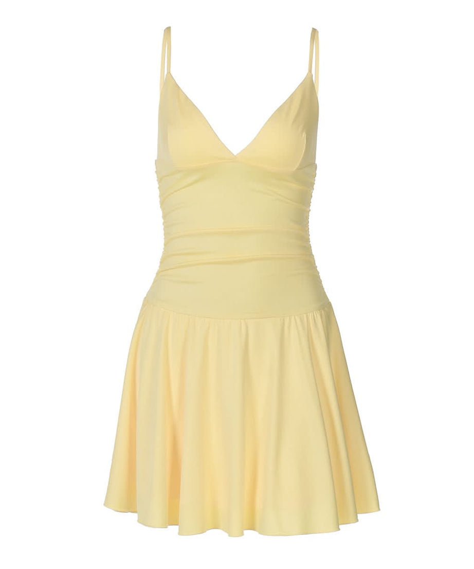 Chic Buttercup Yellow V-Neck Ruched Mini Dress - Resort Ready & Fall Getaway Essential