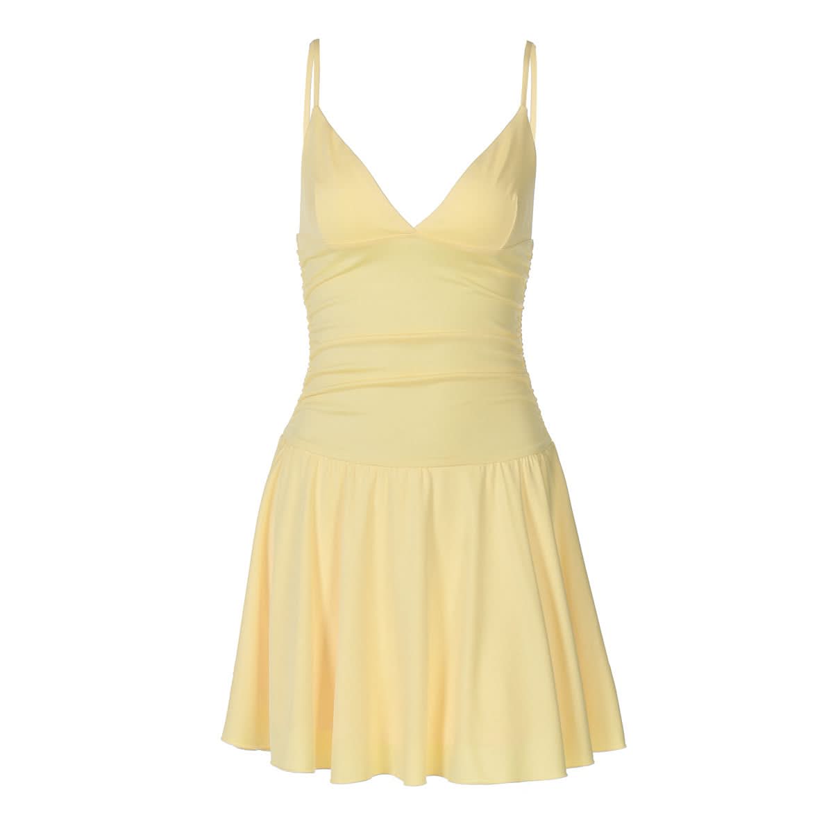 Chic Buttercup Yellow V-Neck Ruched Mini Dress - Resort Ready & Fall Getaway Essential