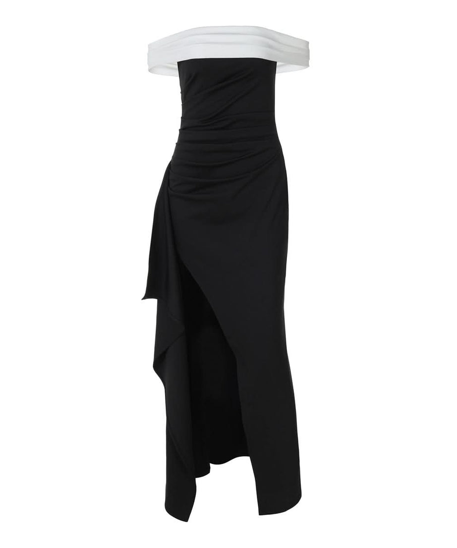 Glamourous Off-Shoulder Black & White Maxi Dress | Perfect for Holiday Parties & Galas