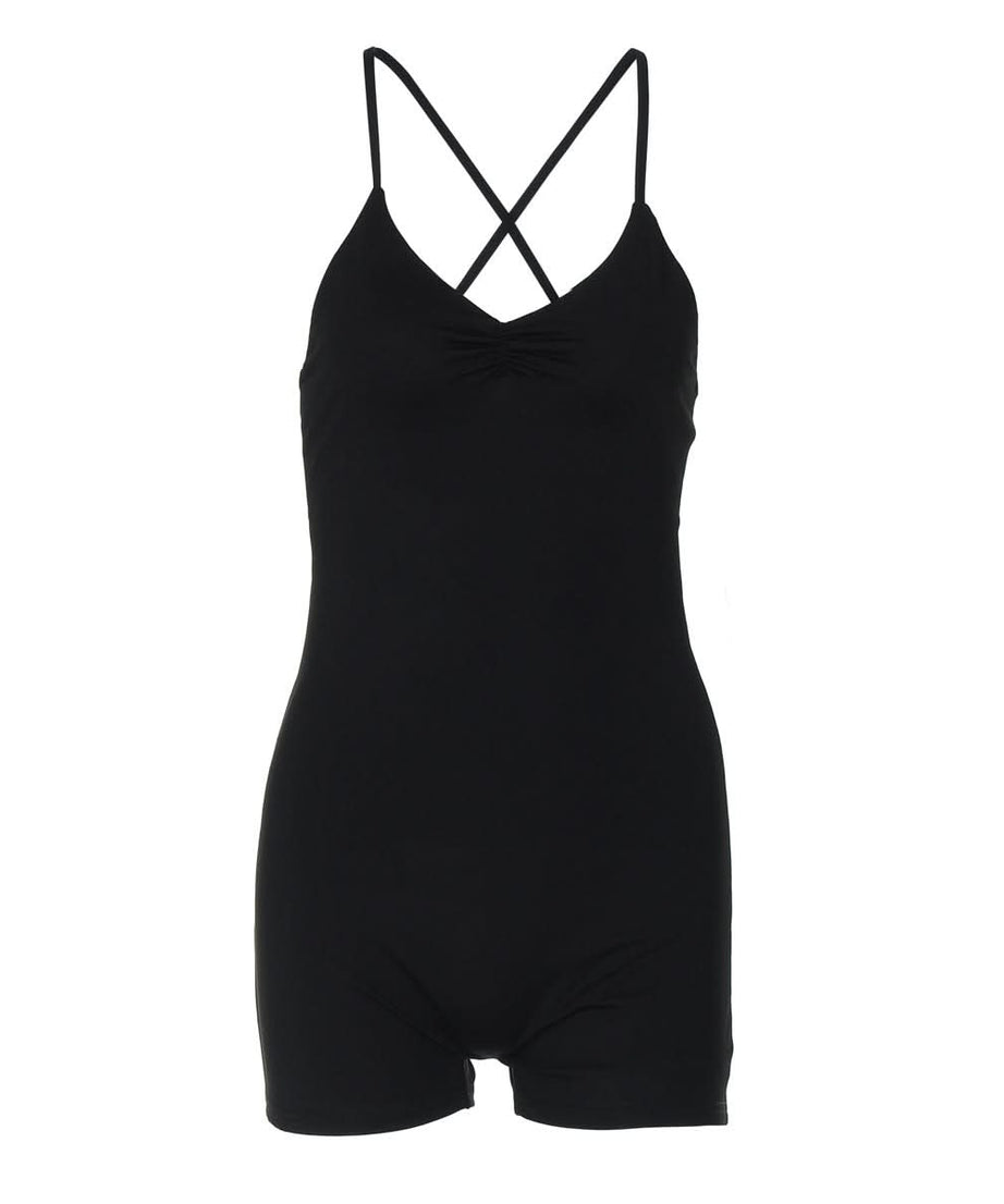 Cozy Chic: The Ultimate Black Cross Back Ruched Cami Romper for Effortless Fall Style
