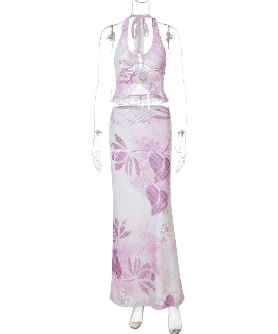 Purple Bloom Halter Crop Top & Maxi Skirt Set - Your Chic Vacation Escape