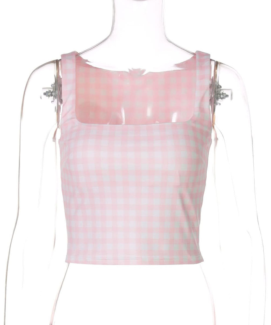 Effortless Chic: Pink Gingham Square Neck Crop Tank Top – Perfect for Fall Layers & Sunny Days!