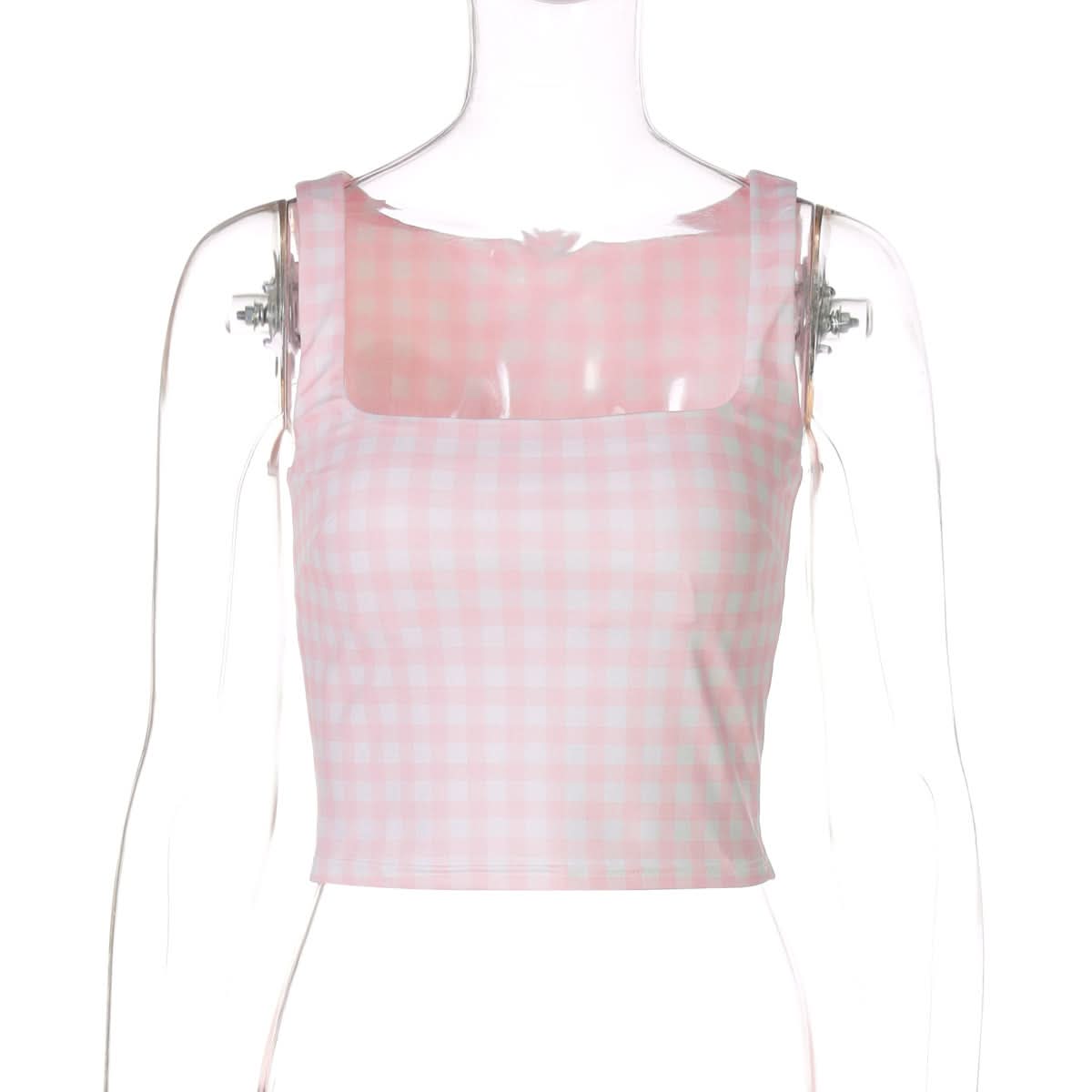 Effortless Chic: Pink Gingham Square Neck Crop Tank Top – Perfect for Fall Layers & Sunny Days!
