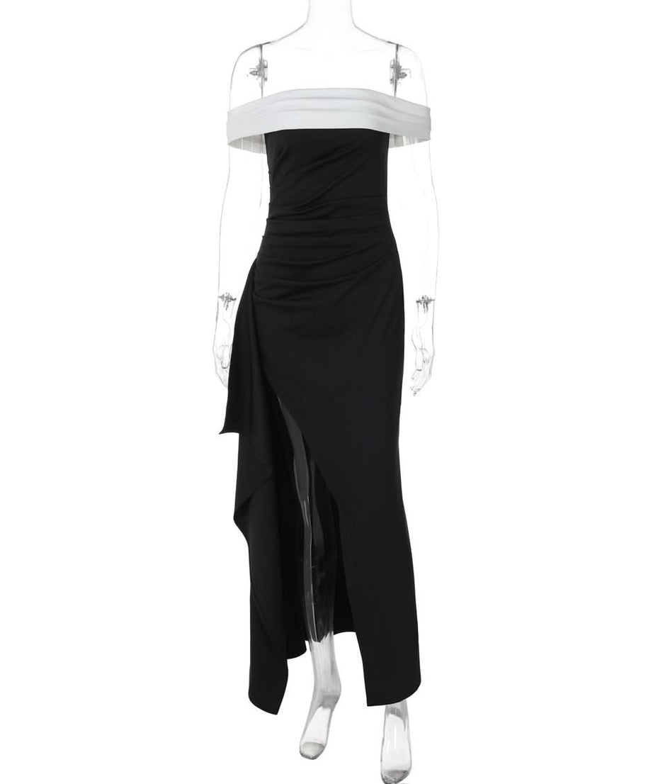 Glamourous Off-Shoulder Black & White Maxi Dress | Perfect for Holiday Parties & Galas