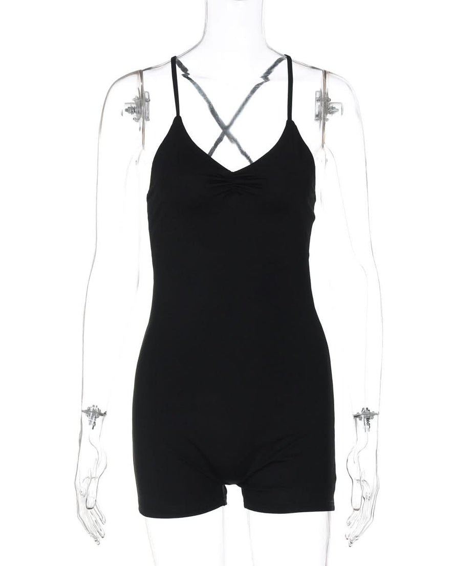 Cozy Chic: The Ultimate Black Cross Back Ruched Cami Romper for Effortless Fall Style
