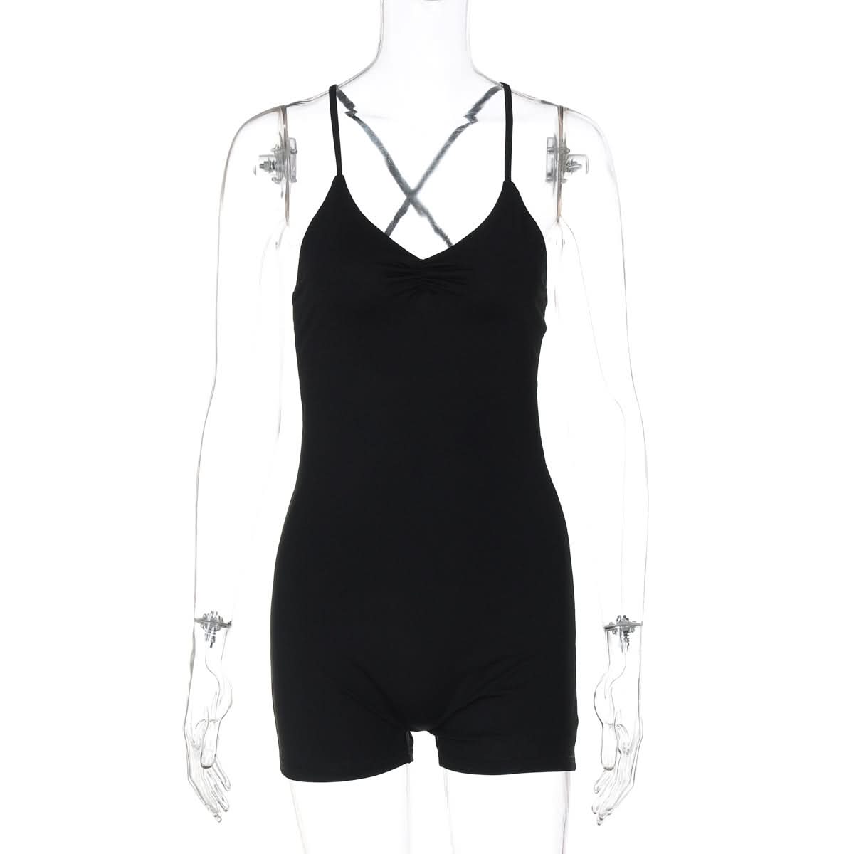 Cozy Chic: The Ultimate Black Cross Back Ruched Cami Romper for Effortless Fall Style