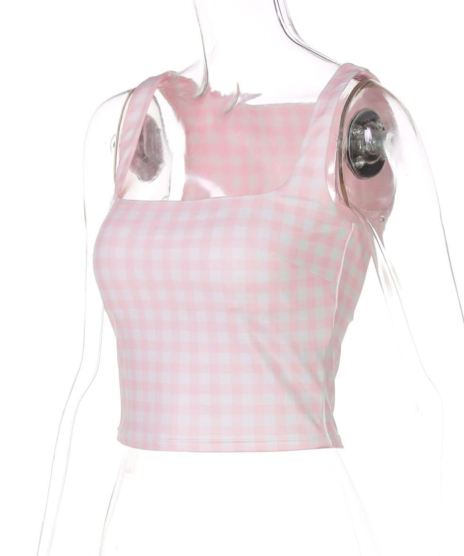 Effortless Chic: Pink Gingham Square Neck Crop Tank Top – Perfect for Fall Layers & Sunny Days!