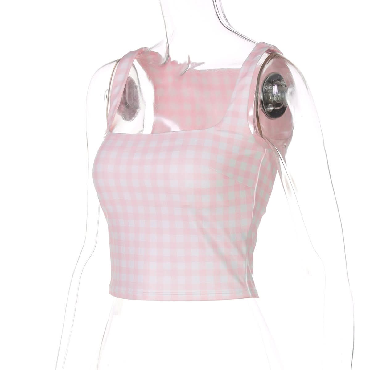 Effortless Chic: Pink Gingham Square Neck Crop Tank Top – Perfect for Fall Layers & Sunny Days!