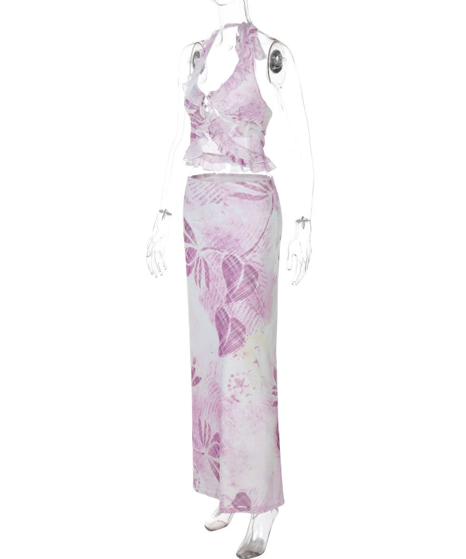 Purple Bloom Halter Crop Top & Maxi Skirt Set - Your Chic Vacation Escape