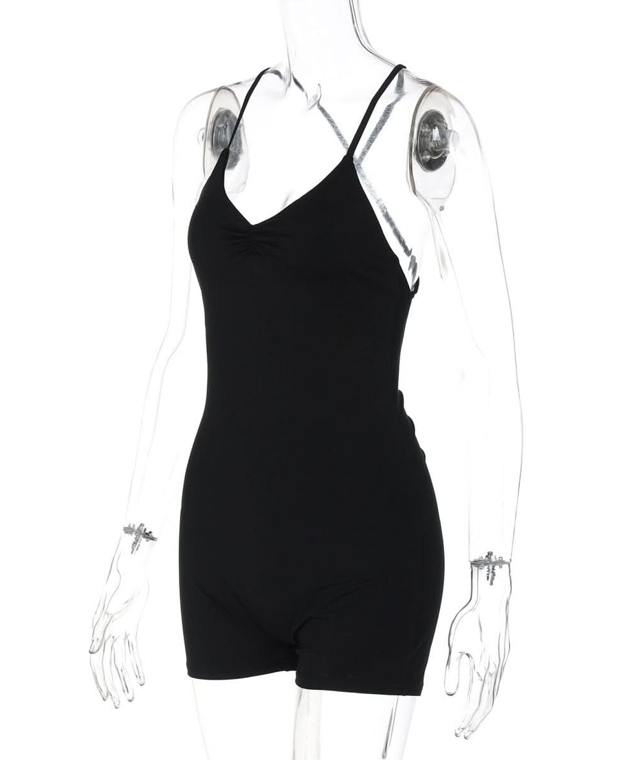 Cozy Chic: The Ultimate Black Cross Back Ruched Cami Romper for Effortless Fall Style
