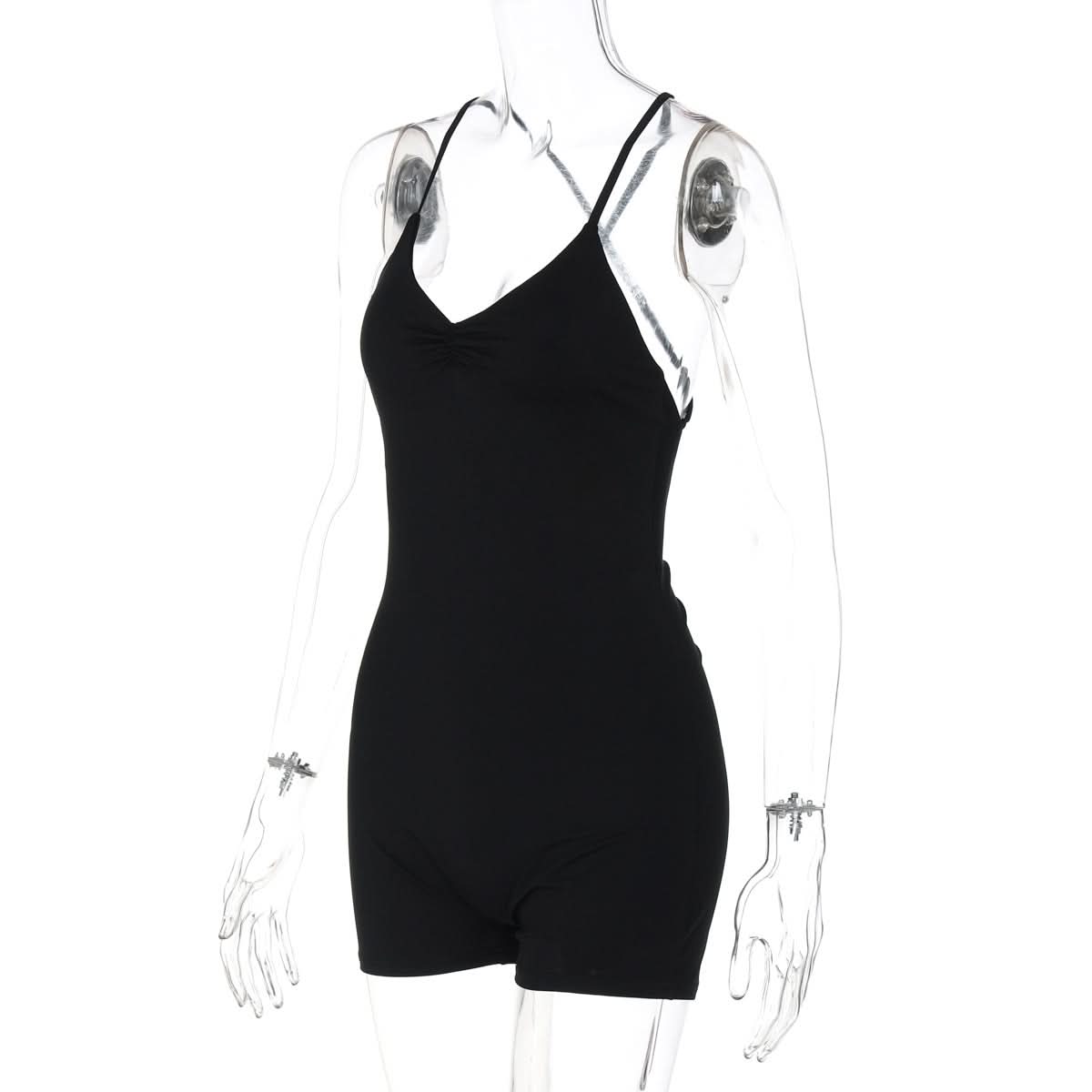 Cozy Chic: The Ultimate Black Cross Back Ruched Cami Romper for Effortless Fall Style