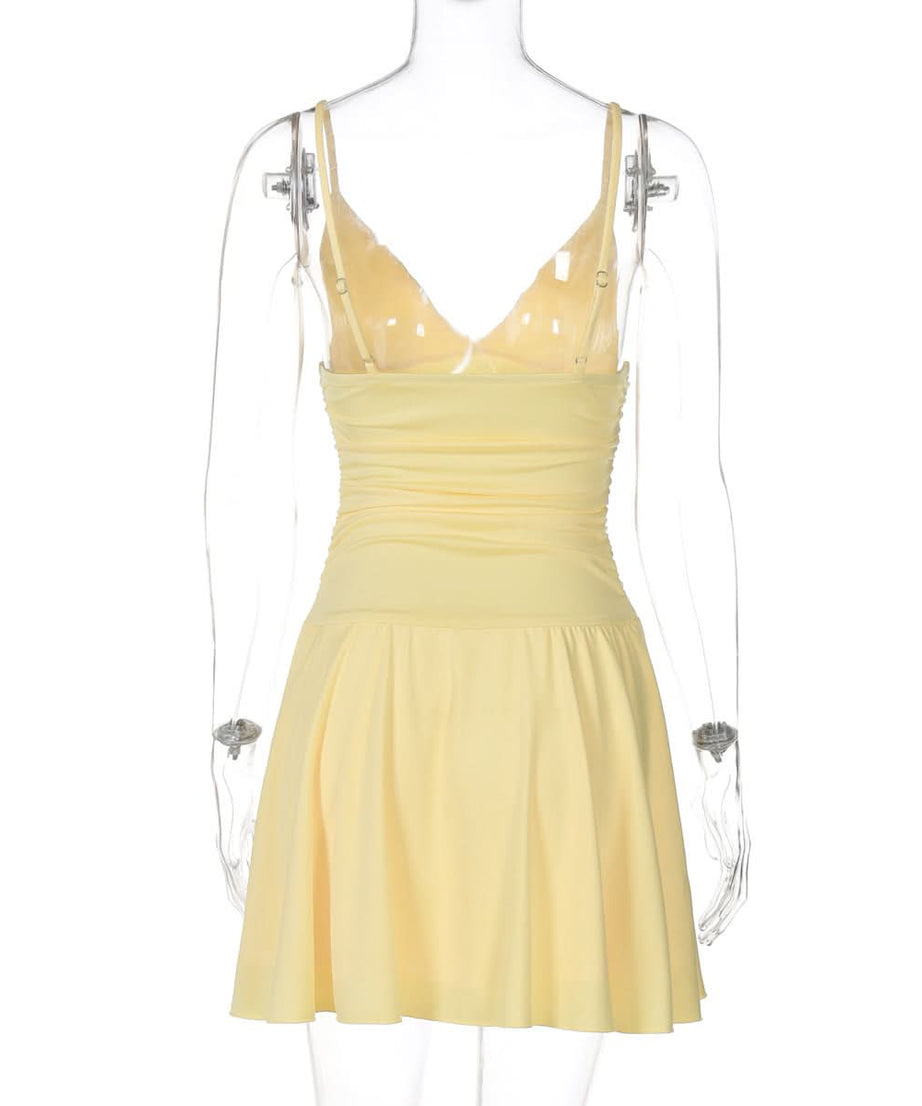 Chic Buttercup Yellow V-Neck Ruched Mini Dress - Resort Ready & Fall Getaway Essential