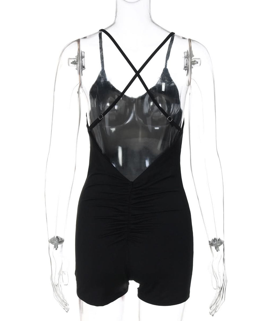 Cozy Chic: The Ultimate Black Cross Back Ruched Cami Romper for Effortless Fall Style