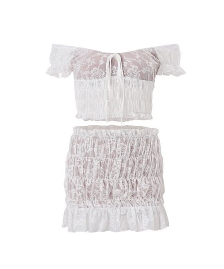 Dreamy White Lace Off-Shoulder Crop Top & Ruffle Mini Skirt Set | Vacation Ready