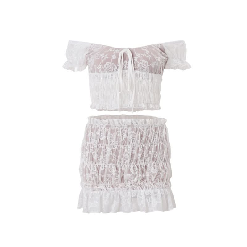 Dreamy White Lace Off-Shoulder Crop Top & Ruffle Mini Skirt Set | Vacation Ready