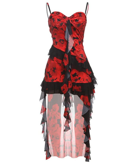 Dazzling Red Floral High-Low Ruffle Dress - Your Show-Stopping Fall & Holiday Party Essential