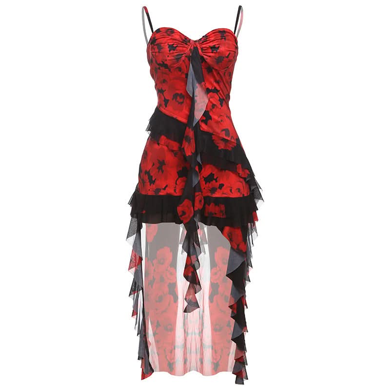 Dazzling Red Floral High-Low Ruffle Dress - Your Show-Stopping Fall & Holiday Party Essential