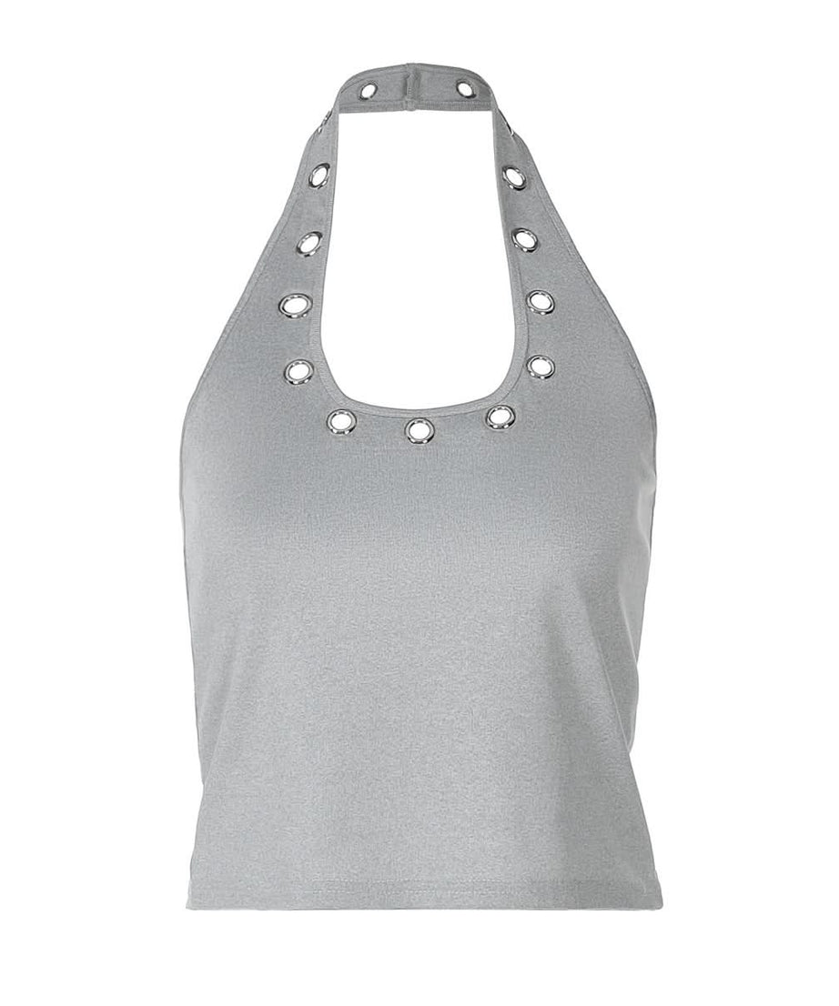 Sleek & Edgy: Grey Halter Top with Silver Grommets | Y2K Style for Fall Parties & Night Out