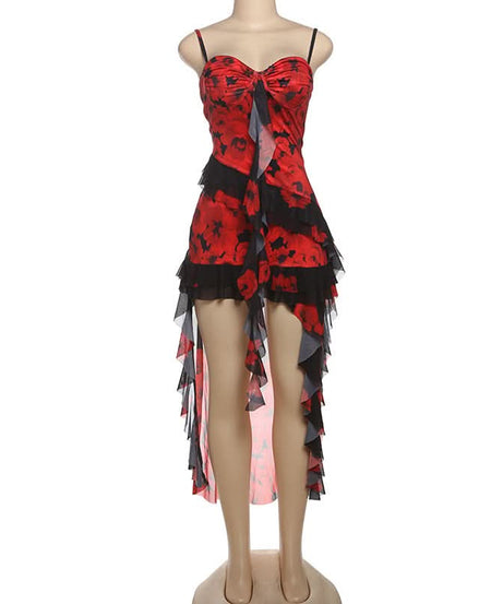 Dazzling Red Floral High-Low Ruffle Dress - Your Show-Stopping Fall & Holiday Party Essential