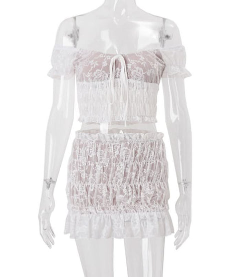 Dreamy White Lace Off-Shoulder Crop Top & Ruffle Mini Skirt Set | Vacation Ready