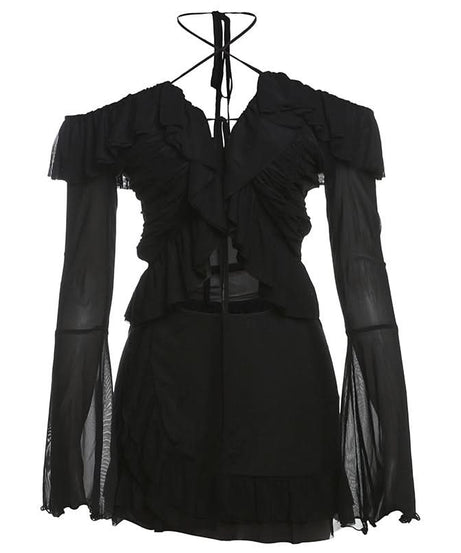 Enchanting Gothic Mesh Ruffle Mini Skirt Set | Halter Off-Shoulder Top for Halloween & Club Nights