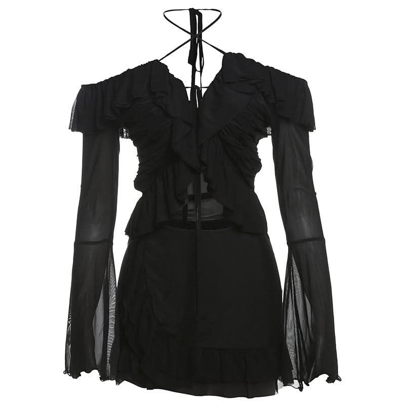 Enchanting Gothic Mesh Ruffle Mini Skirt Set | Halter Off-Shoulder Top for Halloween & Club Nights