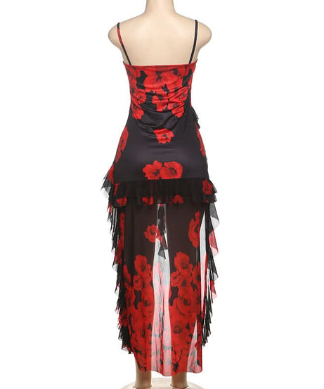 Dazzling Red Floral High-Low Ruffle Dress - Your Show-Stopping Fall & Holiday Party Essential