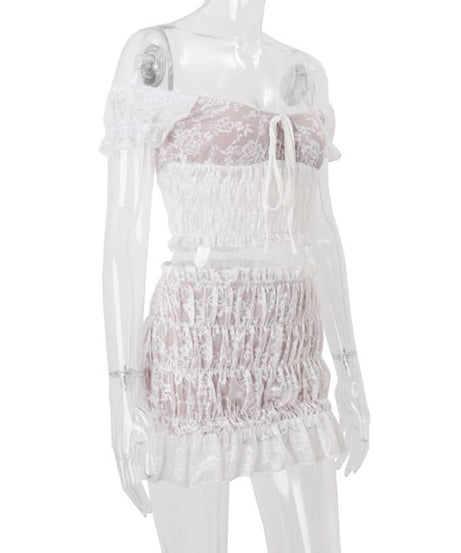 Dreamy White Lace Off-Shoulder Crop Top & Ruffle Mini Skirt Set | Vacation Ready