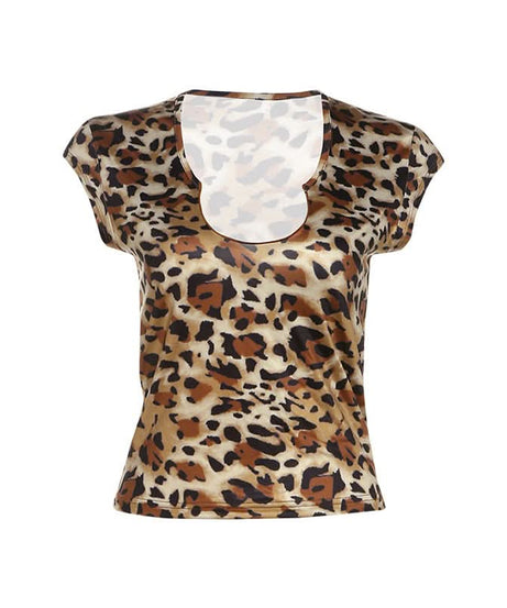 Fierce Fall Style: Chic Leopard Print U-Neck Cap Sleeve Top for Women