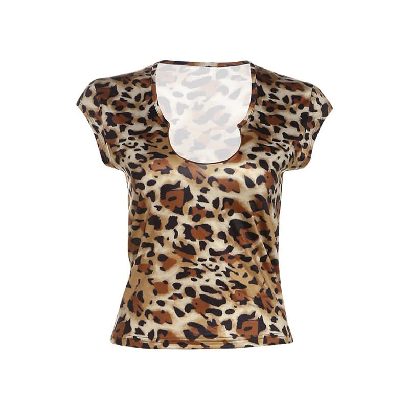 Fierce Fall Style: Chic Leopard Print U-Neck Cap Sleeve Top for Women