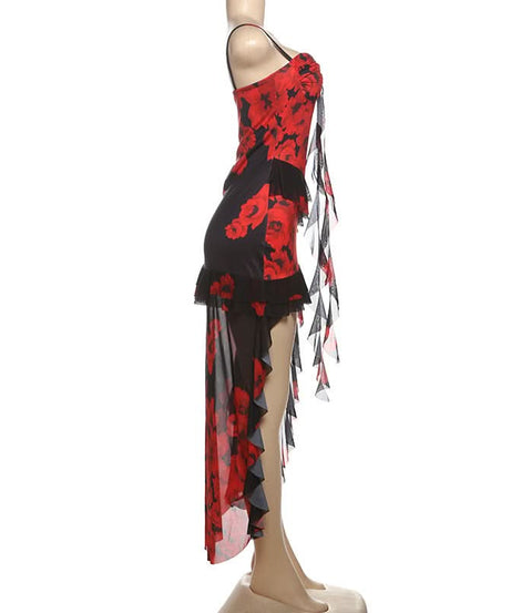 Dazzling Red Floral High-Low Ruffle Dress - Your Show-Stopping Fall & Holiday Party Essential