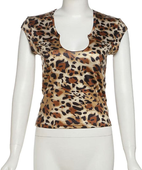Fierce Fall Style: Chic Leopard Print U-Neck Cap Sleeve Top for Women