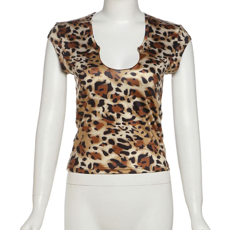 Fierce Fall Style: Chic Leopard Print U-Neck Cap Sleeve Top for Women
