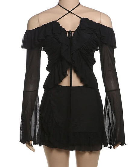 Enchanting Gothic Mesh Ruffle Mini Skirt Set | Halter Off-Shoulder Top for Halloween & Club Nights
