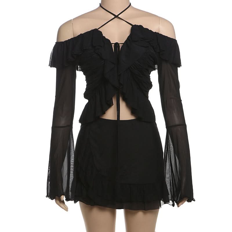 Enchanting Gothic Mesh Ruffle Mini Skirt Set | Halter Off-Shoulder Top for Halloween & Club Nights