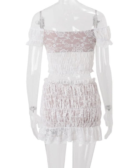 Dreamy White Lace Off-Shoulder Crop Top & Ruffle Mini Skirt Set | Vacation Ready