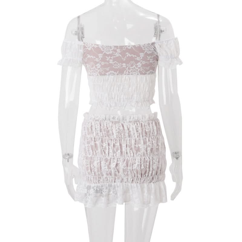 Dreamy White Lace Off-Shoulder Crop Top & Ruffle Mini Skirt Set | Vacation Ready