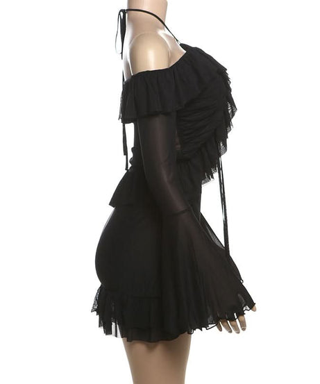 Enchanting Gothic Mesh Ruffle Mini Skirt Set | Halter Off-Shoulder Top for Halloween & Club Nights