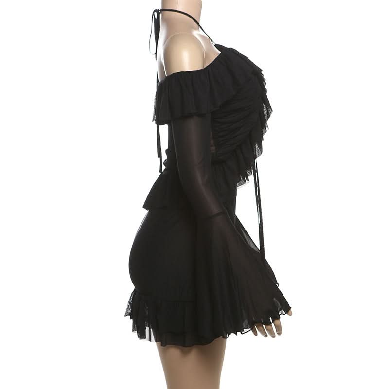 Enchanting Gothic Mesh Ruffle Mini Skirt Set | Halter Off-Shoulder Top for Halloween & Club Nights