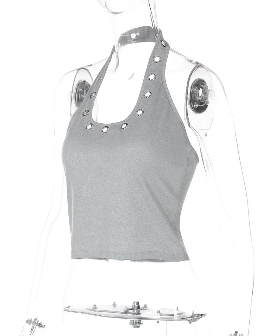 Sleek & Edgy: Grey Halter Top with Silver Grommets | Y2K Style for Fall Parties & Night Out