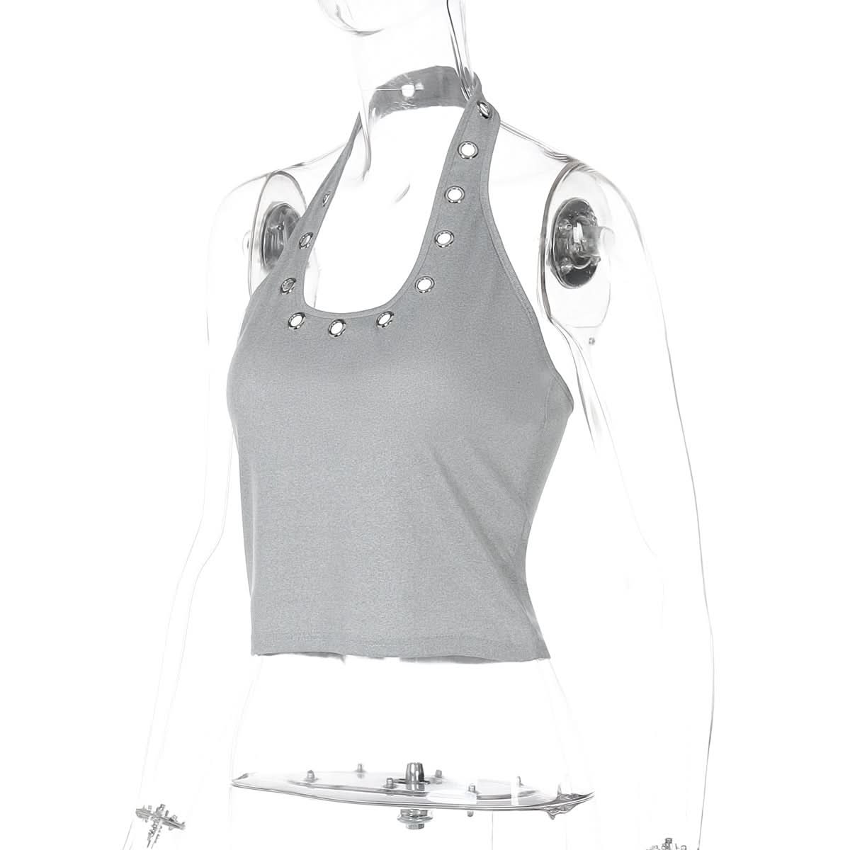 Sleek & Edgy: Grey Halter Top with Silver Grommets | Y2K Style for Fall Parties & Night Out