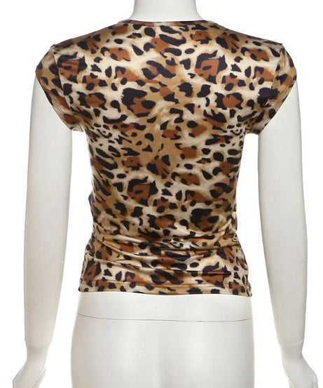 Fierce Fall Style: Chic Leopard Print U-Neck Cap Sleeve Top for Women