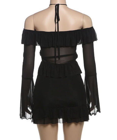 Enchanting Gothic Mesh Ruffle Mini Skirt Set | Halter Off-Shoulder Top for Halloween & Club Nights