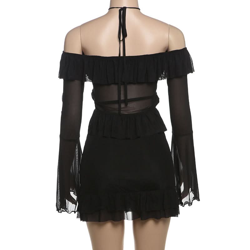 Enchanting Gothic Mesh Ruffle Mini Skirt Set | Halter Off-Shoulder Top for Halloween & Club Nights