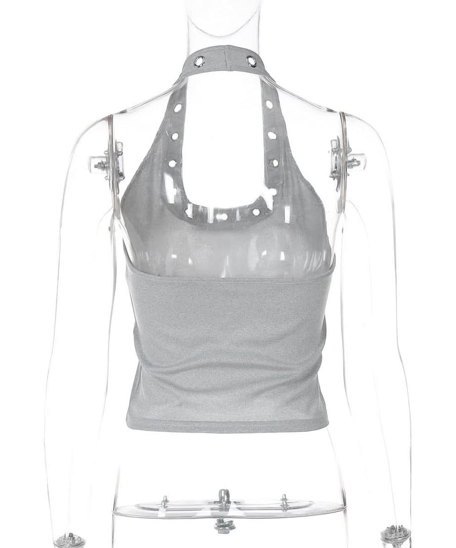 Sleek & Edgy: Grey Halter Top with Silver Grommets | Y2K Style for Fall Parties & Night Out