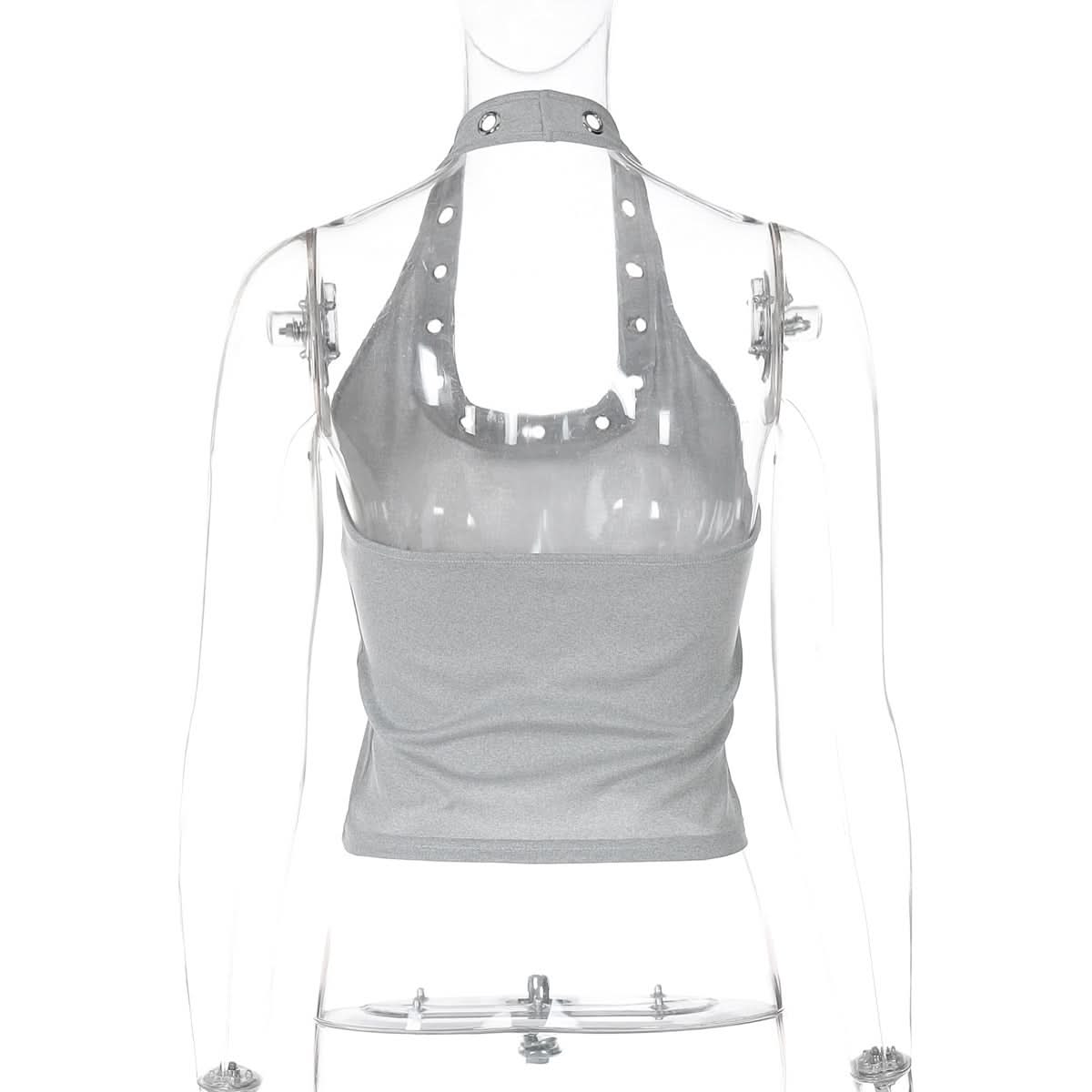 Sleek & Edgy: Grey Halter Top with Silver Grommets | Y2K Style for Fall Parties & Night Out